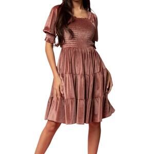 Baltic Born Bliss Smocked Velvet Short Dress Tiered Vintage Rose Mauve Size 2XL